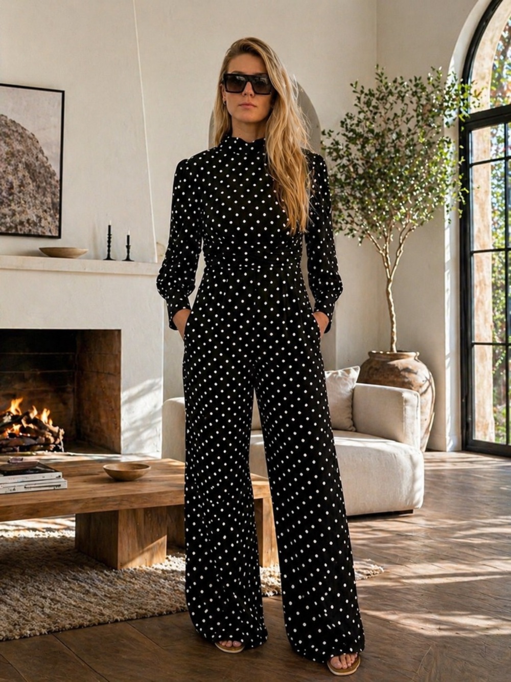 ASOS Polka Dot Wide Leg Jumpsuit High Neck Belted Retro Chic Size 8 EUC